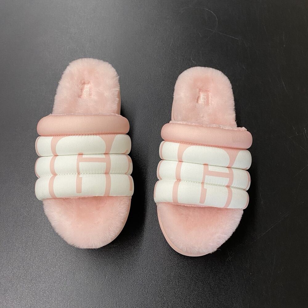 UGG Maxi Slide Logo Platform Sandals Pink Slippers Womens Shoes Fuzzy Fur Size 8